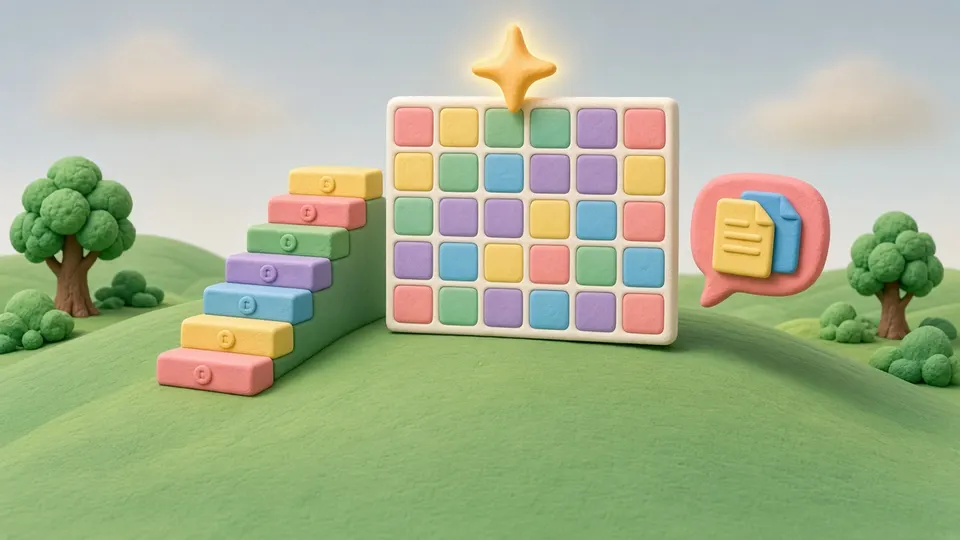 Clay illustration of a winding staircase leading to a colourful grid of tiles, a glowing star, and a speech bubble